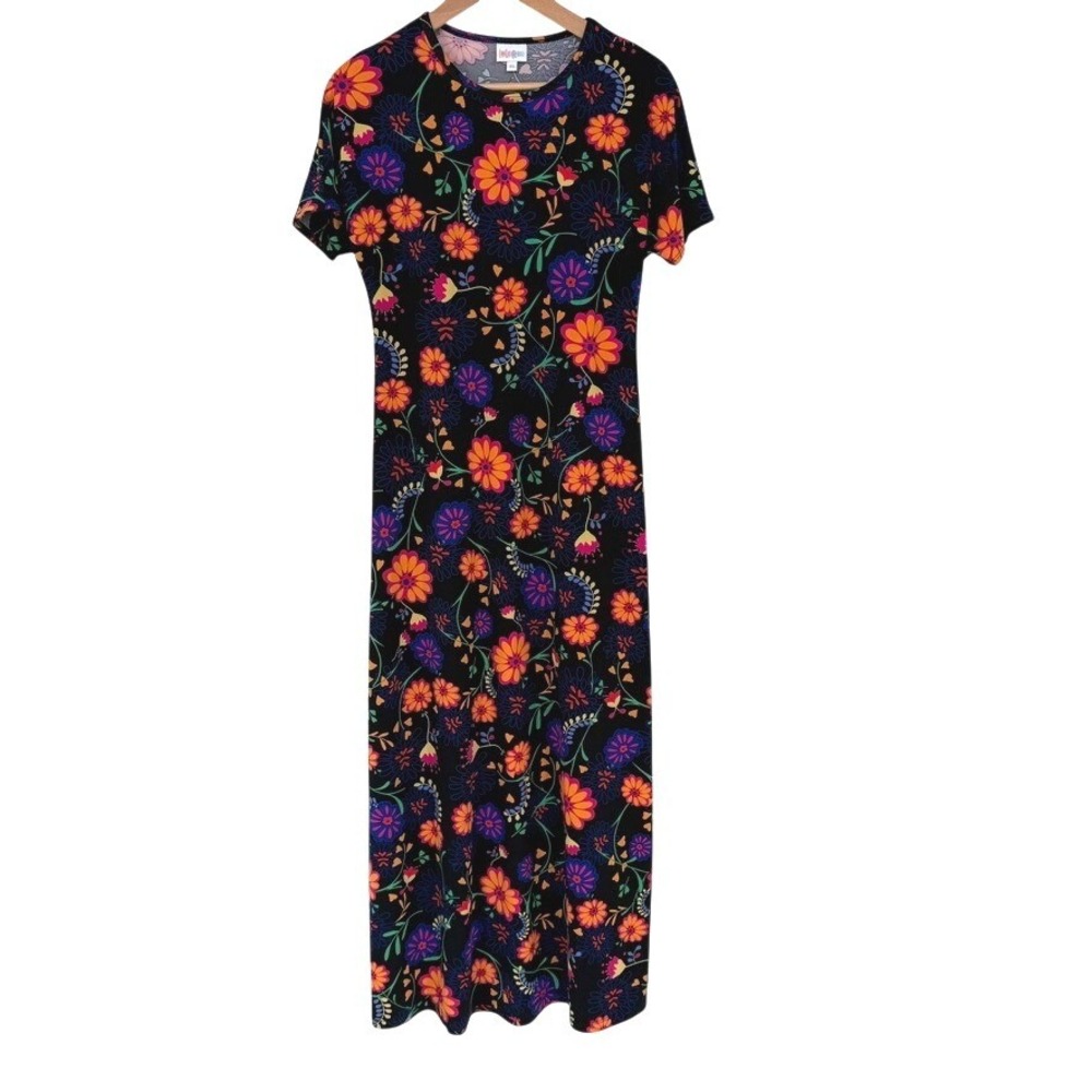 LuLaRoe Julia Maxi Dress XS Black Floral Short Sleeve Crew Neck Stretchy USA